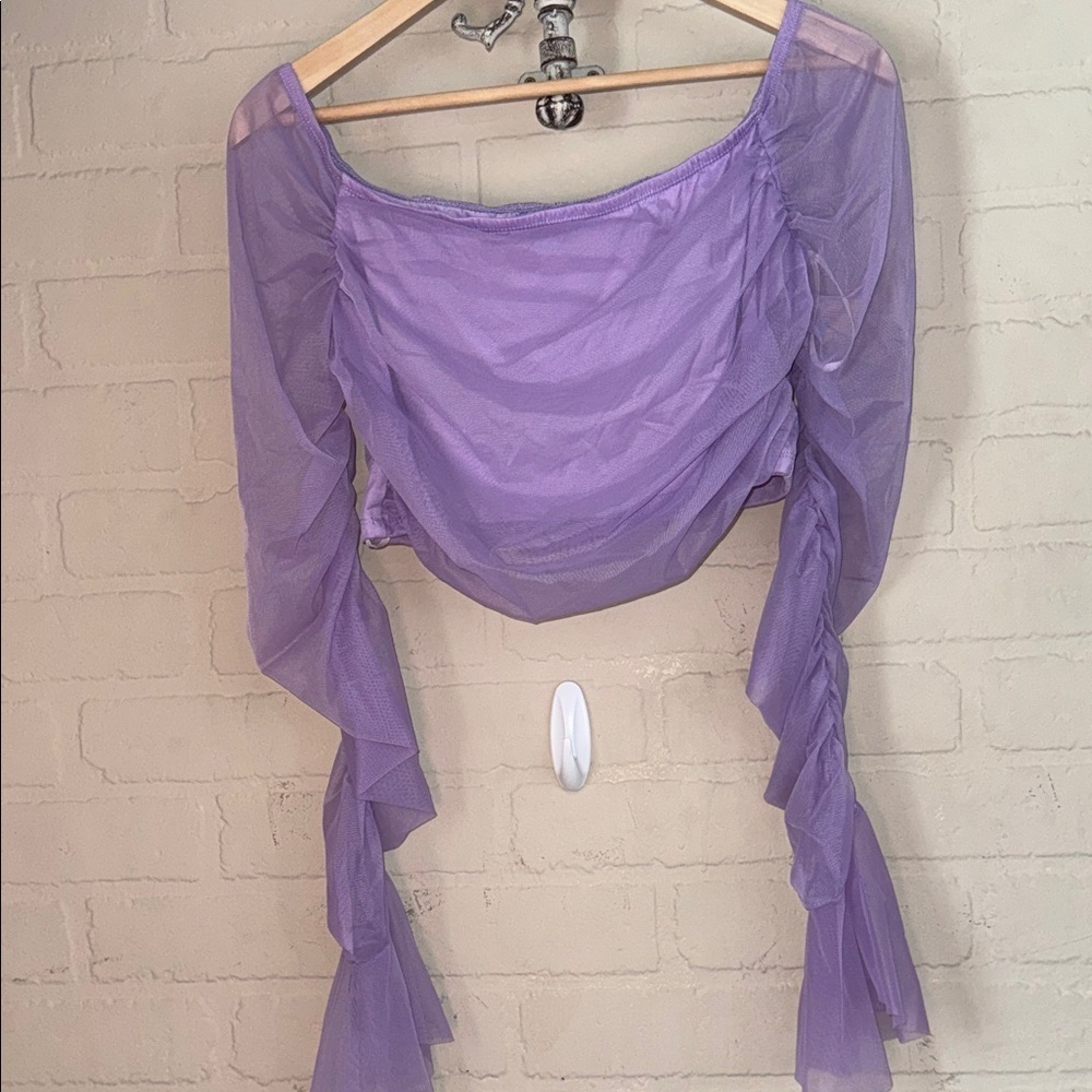 Cropped shirt Mesh new ruched long bell sleeve stretch square neck line XL NEW